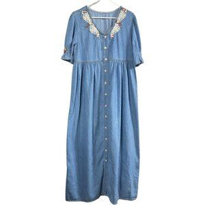 Vintage Chambray Button Down Flower Maxi Dress Womens M/L Cottagecore Lace Pearl